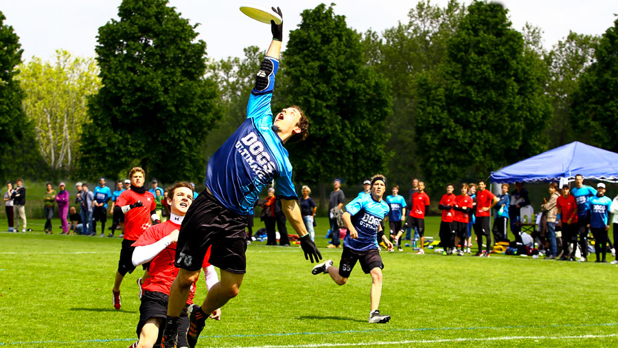 An ultimate frisbee player jumping to catch a disc